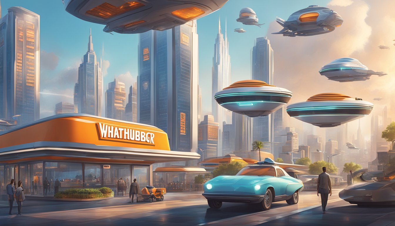 A futuristic city skyline with a prominent Whataburger restaurant, surrounded by flying cars and advanced technology