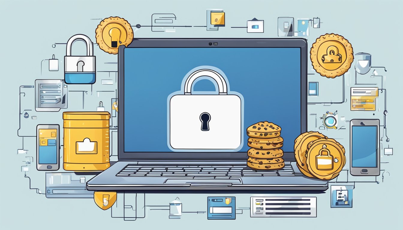 A laptop with a cookie jar and a padlock, surrounded by data protection symbols