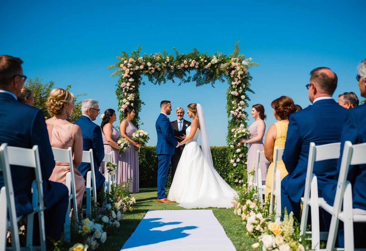A sunny outdoor wedding ceremony with a clear blue sky, surrounded by lush greenery and blooming flowers