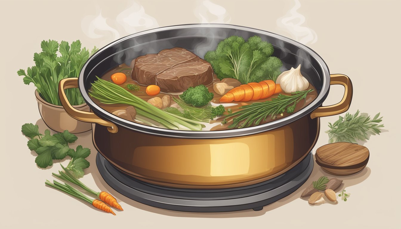 A simmering pot of beef broth on a stove, steam rising, surrounded by various herbs and vegetables