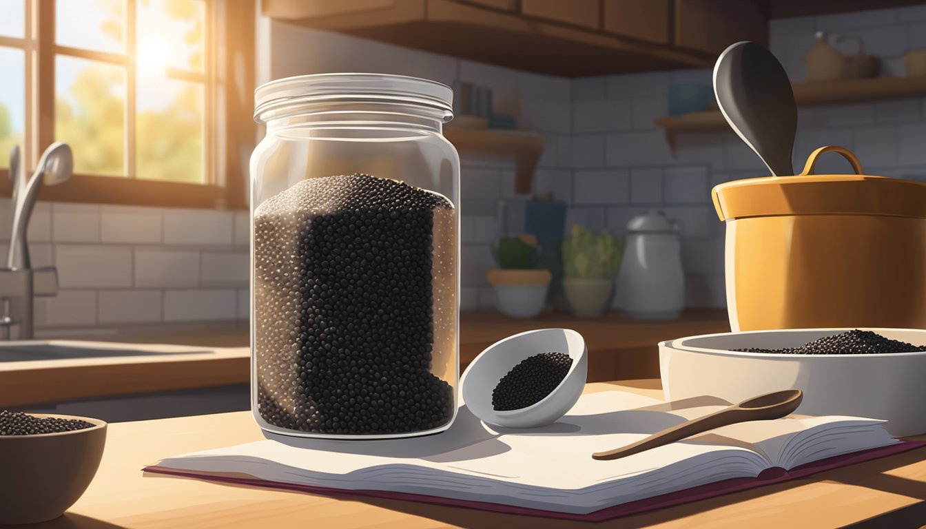 A jar of black sesame seeds sits on a kitchen counter, next to a measuring spoon and a recipe book. The sunlight streams in through the window, casting a warm glow on the seeds