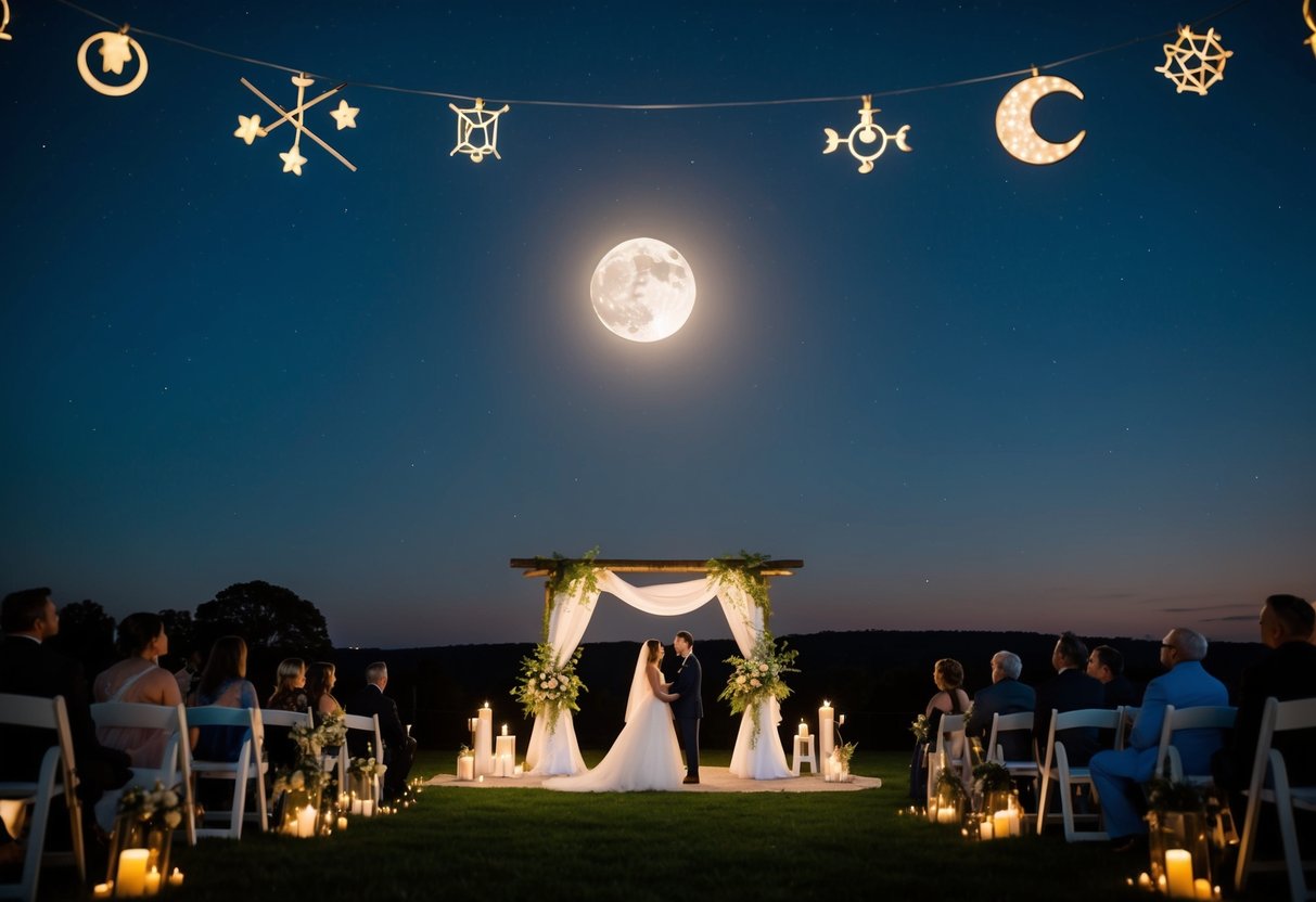 A night sky with a full moon shining down on a tranquil outdoor wedding ceremony, surrounded by astrological symbols and celestial decor