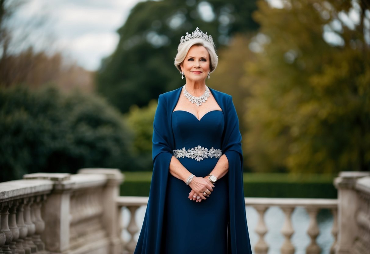 A regal mother of the bride in a deep navy gown, adorned with elegant silver accessories, stands with confidence and grace