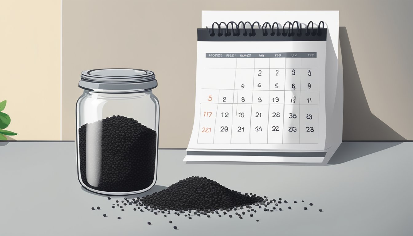 A jar of black sesame seeds sits on a kitchen counter, next to a calendar showing the current date and a small pile of seeds scattered around the jar