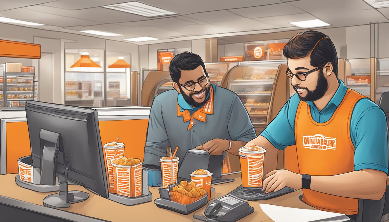 A customer service representative assists a customer with Whataburger merchandise