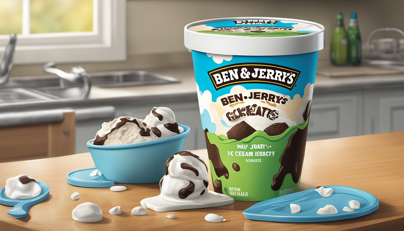 A half-eaten pint of Ben & Jerry's Ice Cream sits melting on a kitchen counter, surrounded by empty spoons and a discarded lid