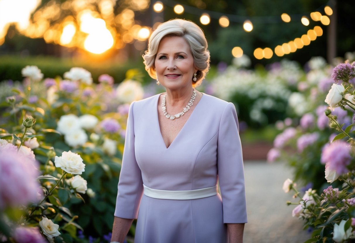 A garden wedding at sunset. The mother of the bride wears a soft, elegant shade of lavender, standing amidst blooming flowers and twinkling lights