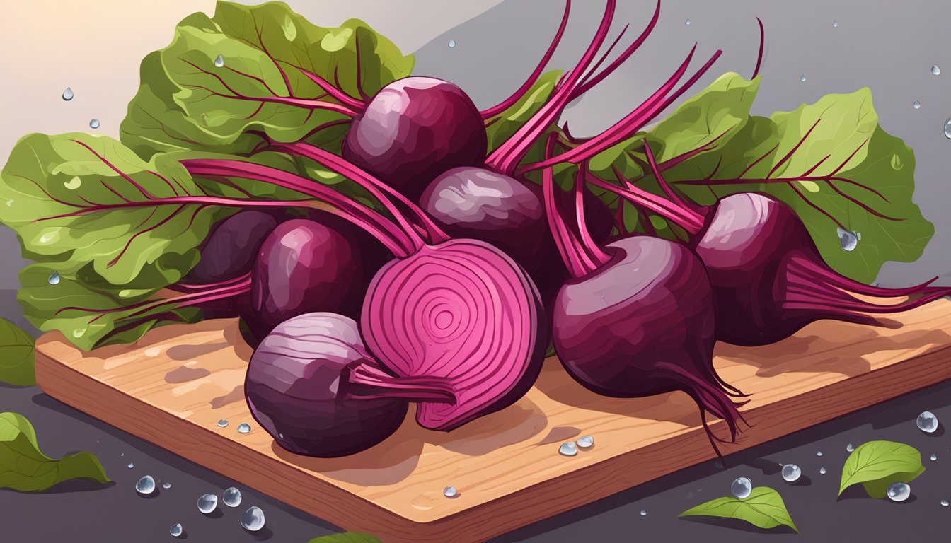 A pile of fresh beets on a wooden cutting board, surrounded by scattered leaves and a few drops of water