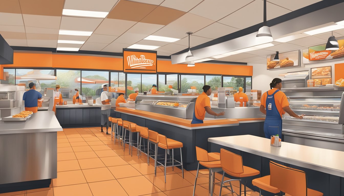 A bustling Whataburger restaurant with employees working behind the counter and customers enjoying their meals at the tables