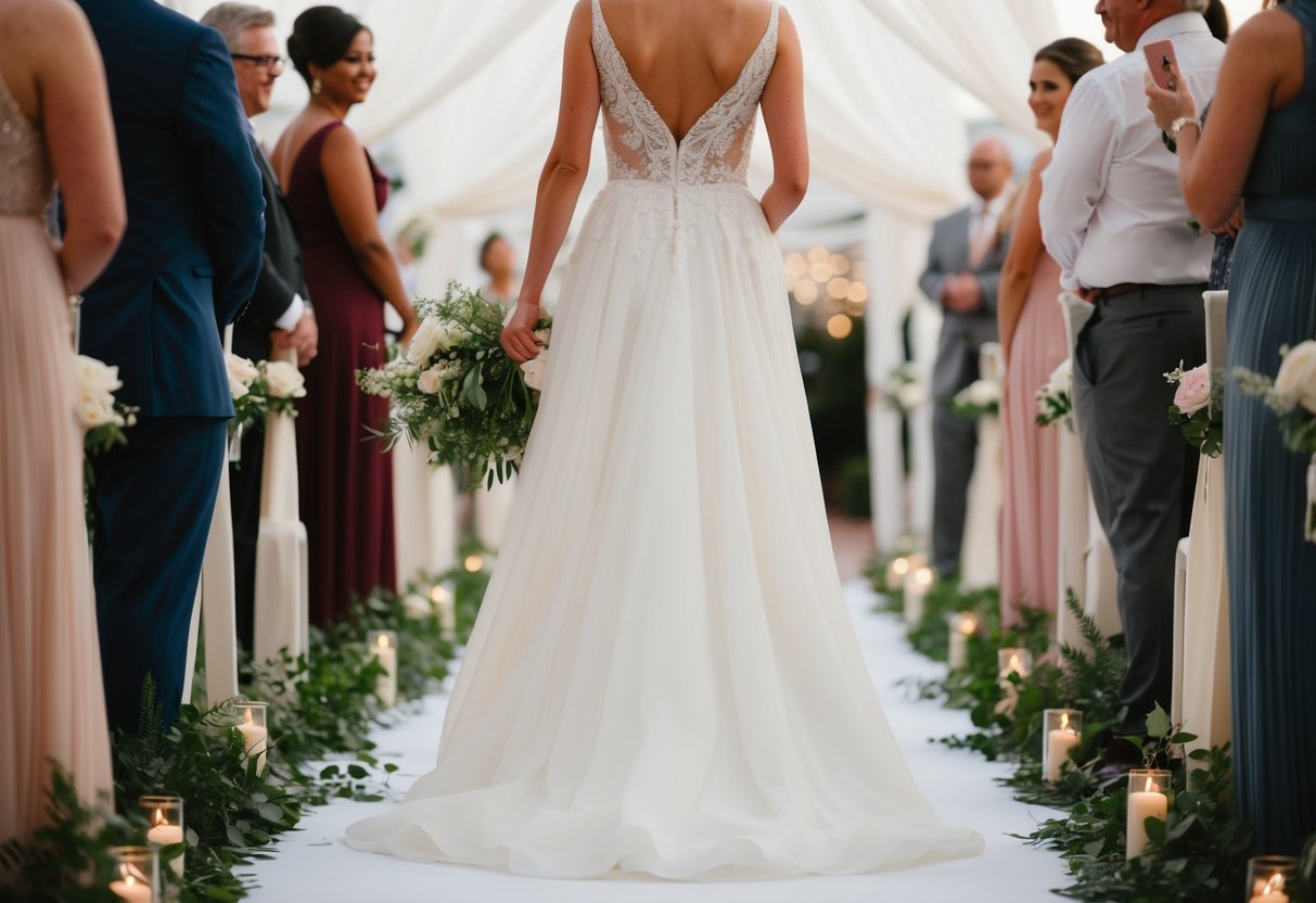 A figure in a flowing gown leads down the aisle