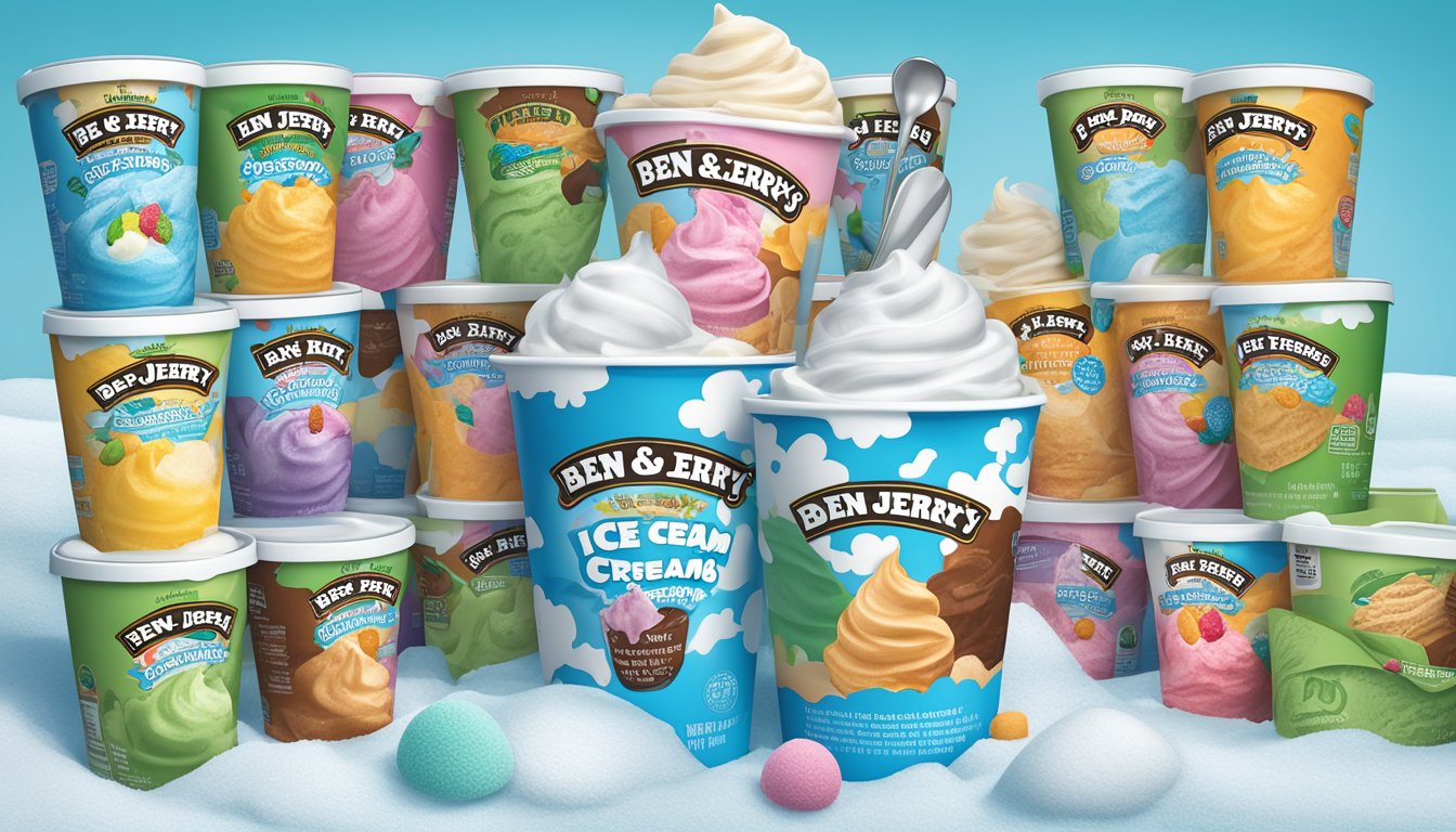 A colorful carton of Ben & Jerry's ice cream sits in a freezer, surrounded by frosty containers and a scoop