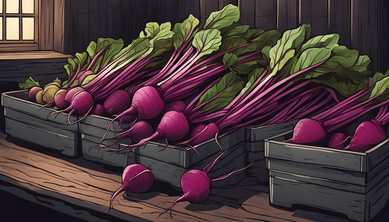 A pile of fresh beets stored in a cool, dark cellar. Some are whole, while others have their leafy greens still attached