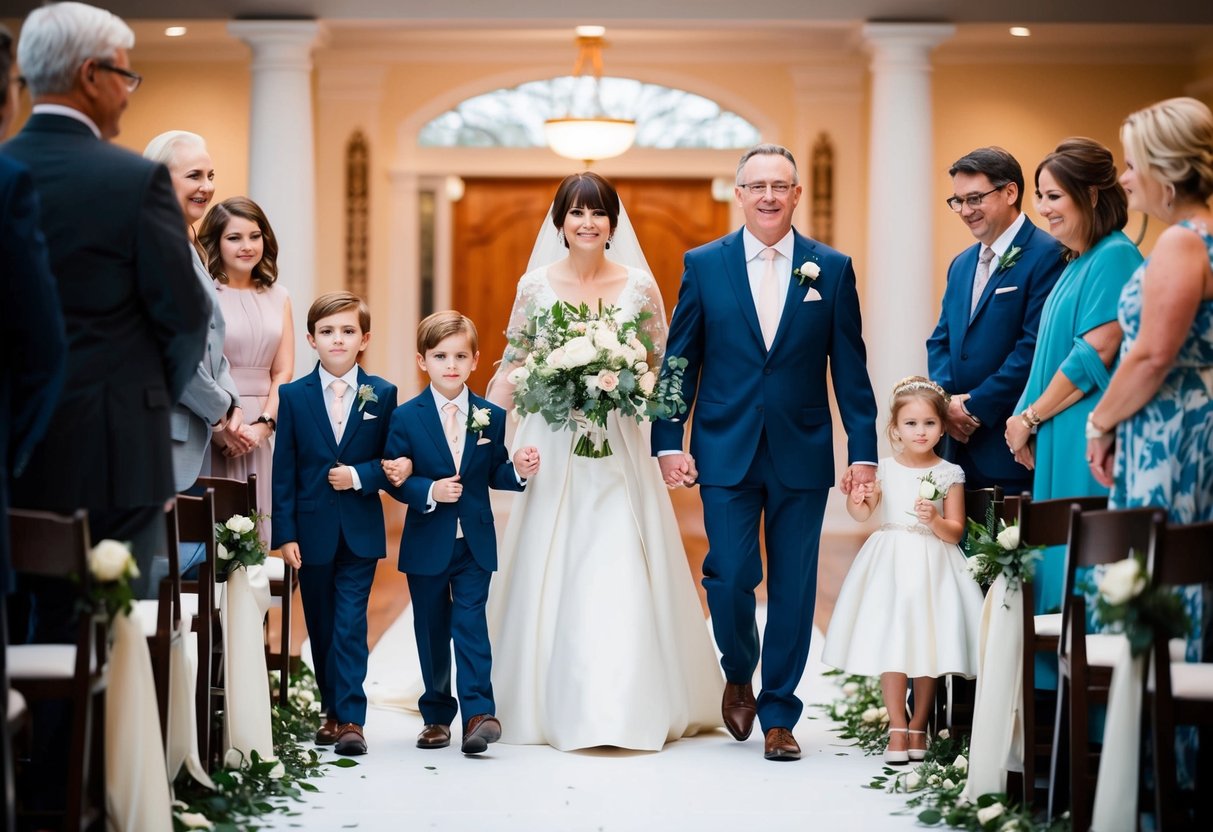 Family procession: Mother leads down aisle, followed by father, then children in order of age