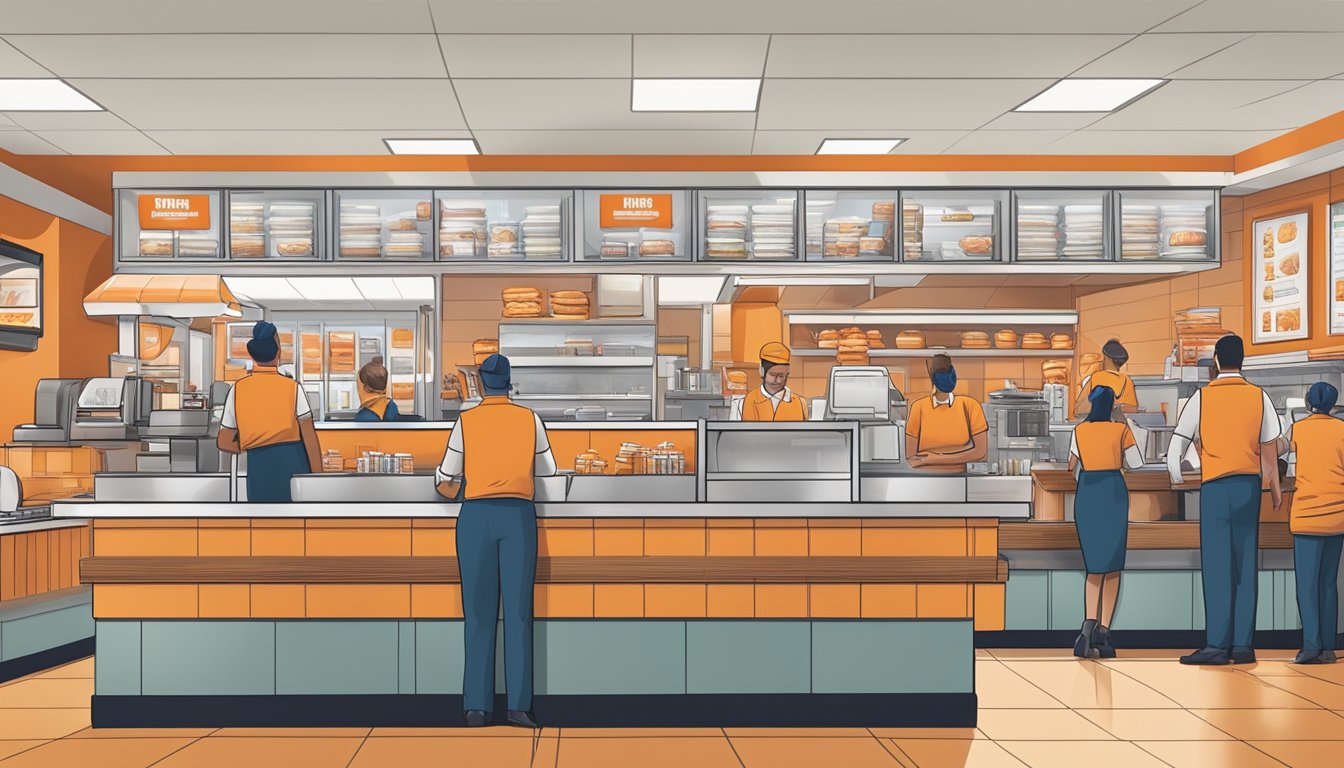 A bustling Whataburger restaurant with a line of eager job applicants, a friendly manager conducting interviews, and employees working efficiently behind the counter