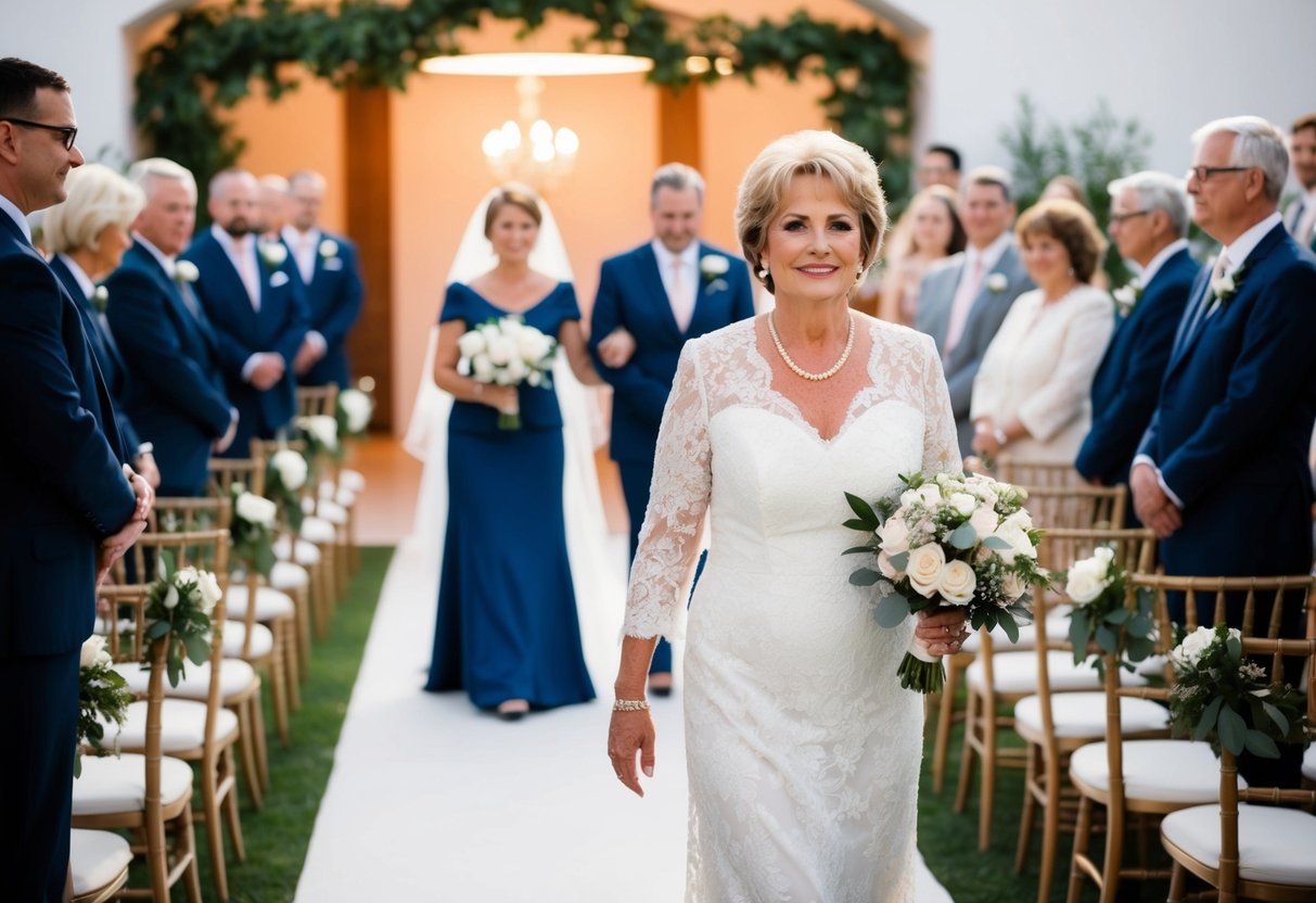The mother of the bride walks down the aisle first, followed by the mother of the groom