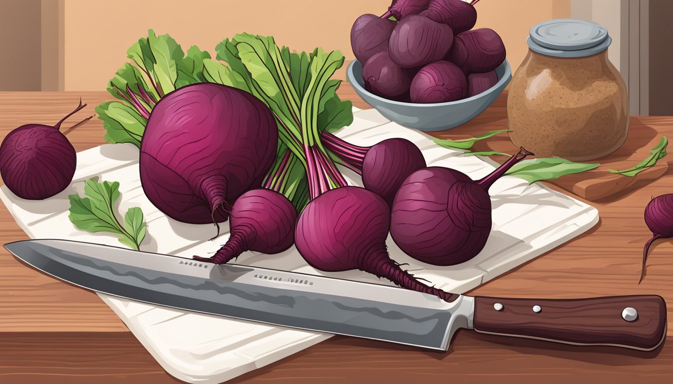 A pile of fresh beets sits on a wooden cutting board, surrounded by a knife, cutting board, and measuring spoons