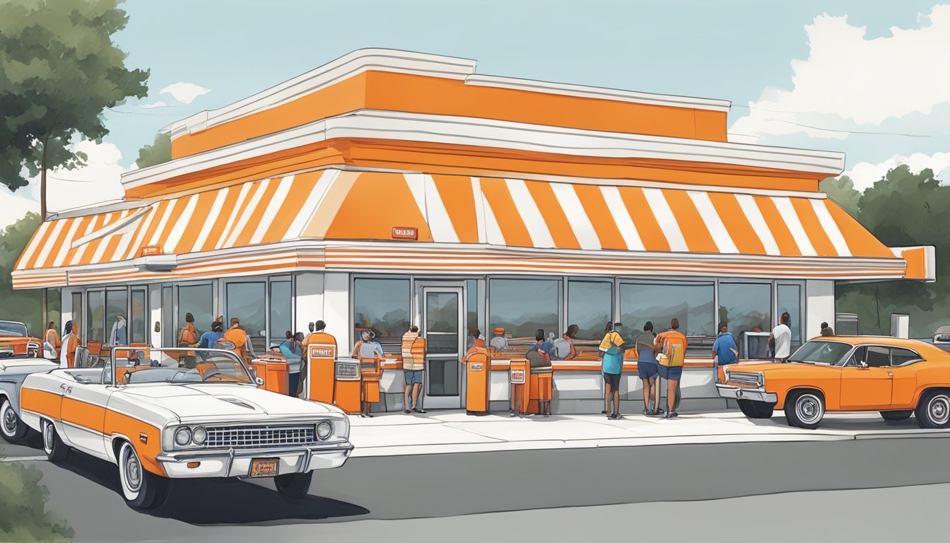 A bustling Whataburger restaurant in San Antonio, with the iconic orange and white striped building and a line of customers at the drive-thru