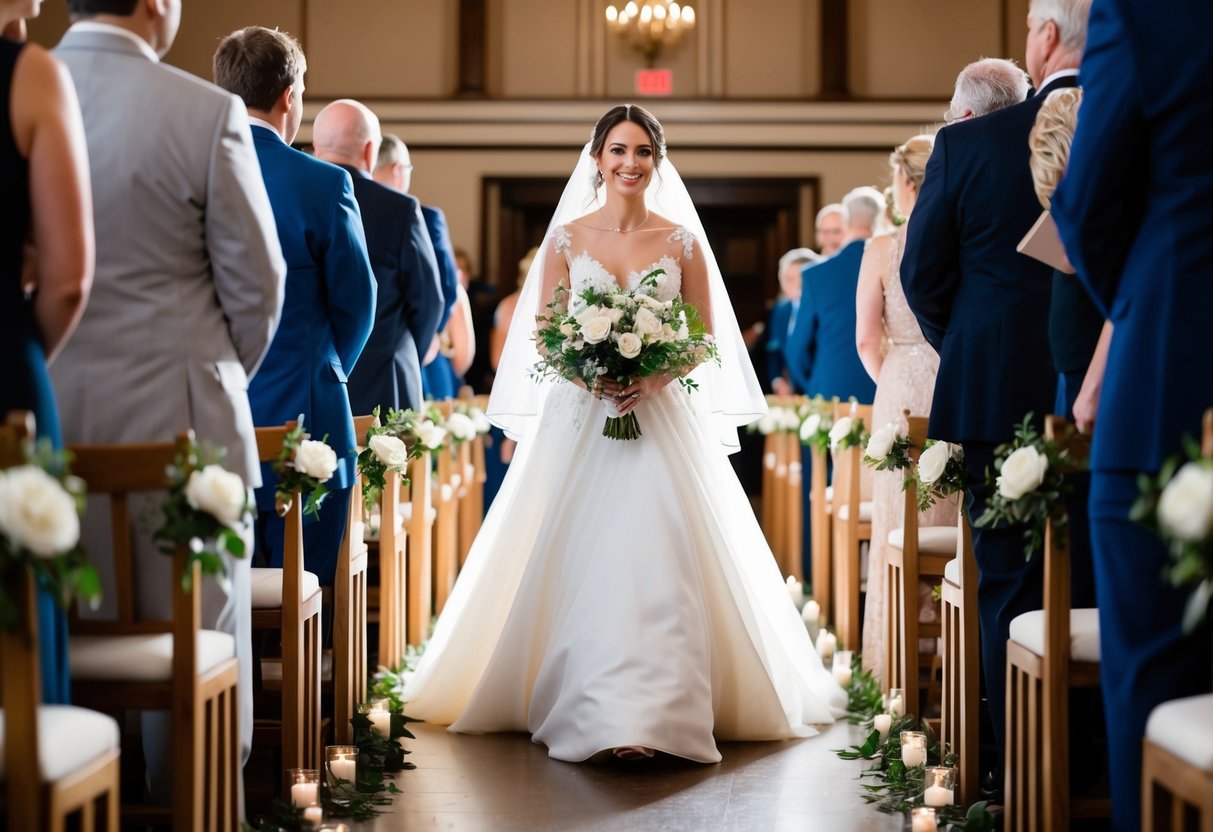 A woman in a flowing gown leads the procession down the aisle