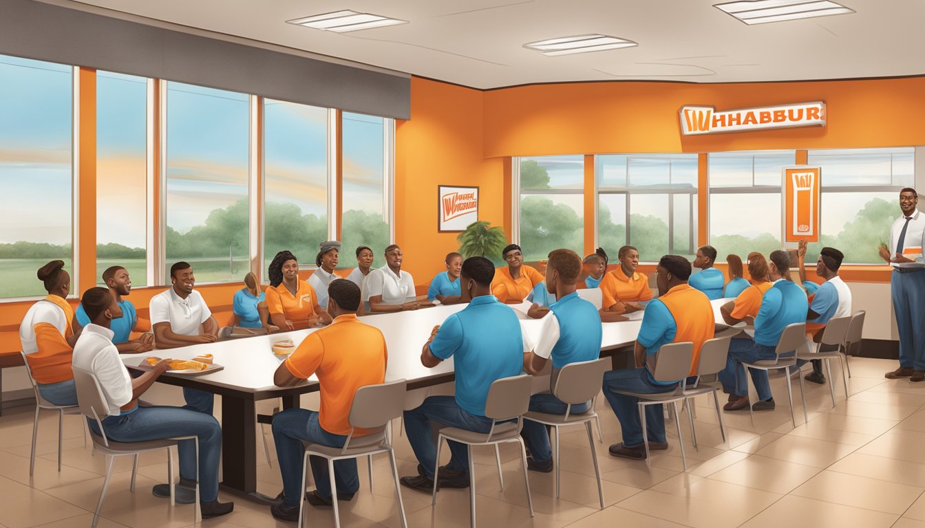 A group of employees attending a training session on job benefits and development at a Whataburger restaurant