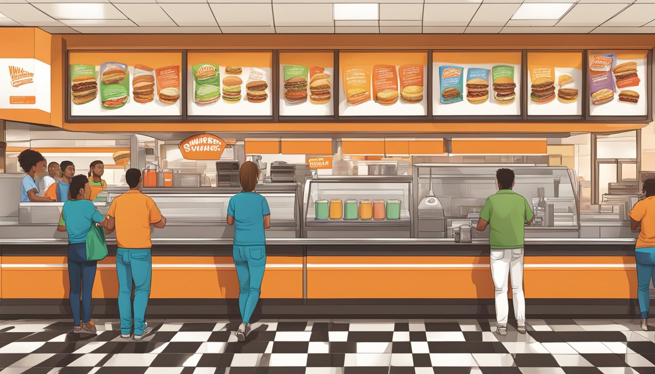 A bustling Whataburger restaurant with a colorful menu board and customers ordering at the counter