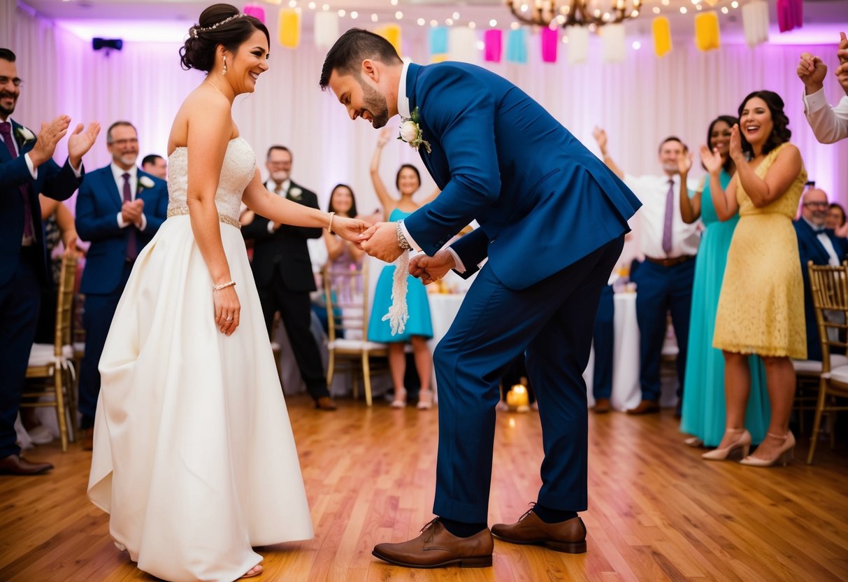 A husband removes a garter from his wife's leg during a traditional wedding reception, surrounded by cheering guests and colorful decorations
