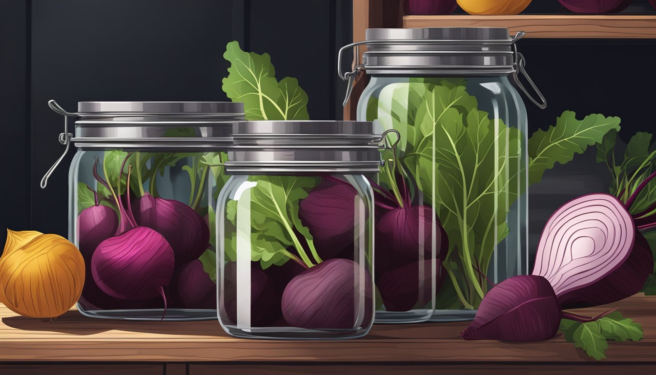 A glass jar filled with beets, sealed with a metal lid, placed on a wooden shelf in a cool, dark pantry