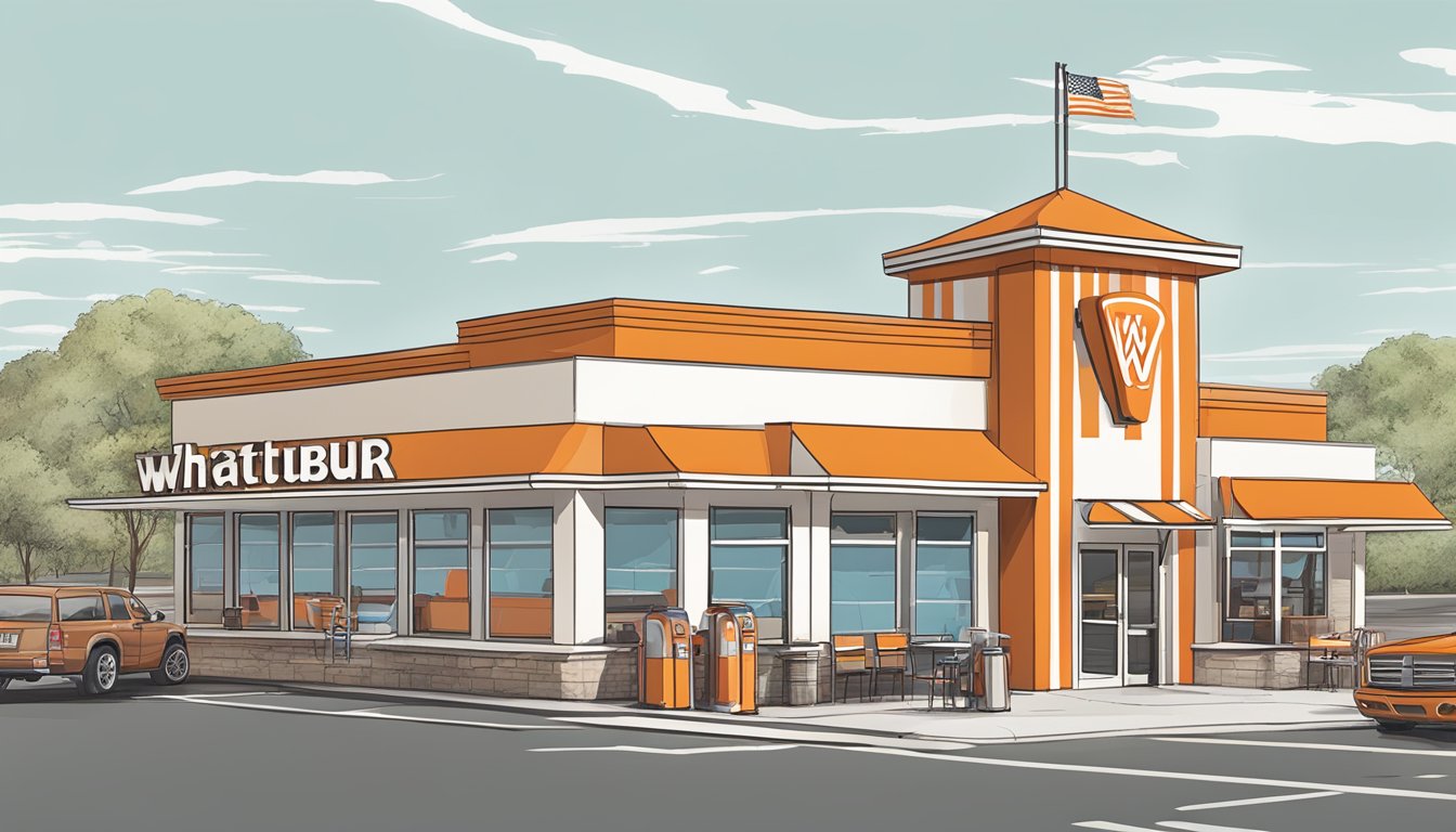 A bustling Whataburger restaurant in San Antonio, with a drive-thru lane, outdoor seating, and the iconic orange and white striped building