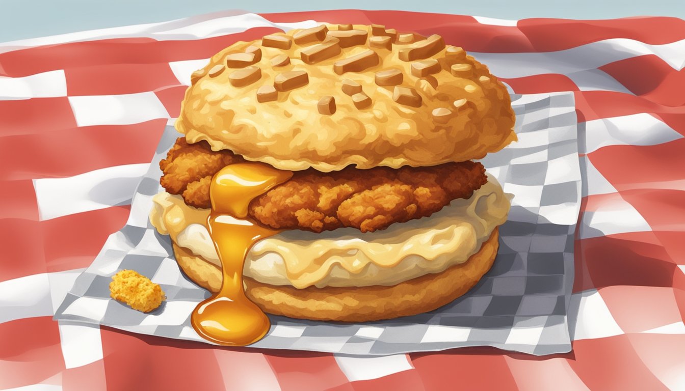 A golden biscuit topped with honey butter and a juicy fried chicken patty, served on a red and white checkered paper wrapper