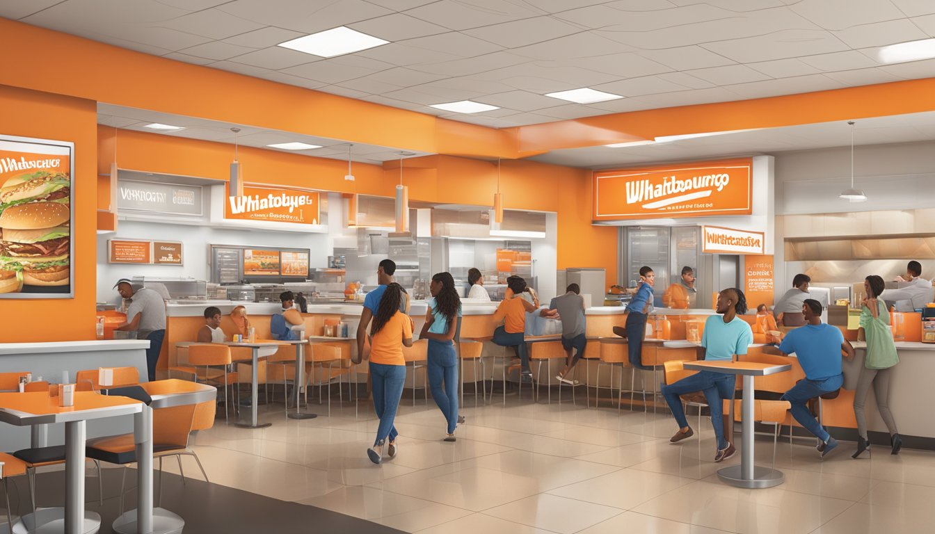 A bustling Whataburger in San Antonio, with customers enjoying their meals and staff engaging with them, while rewards and loyalty program signage is prominently displayed