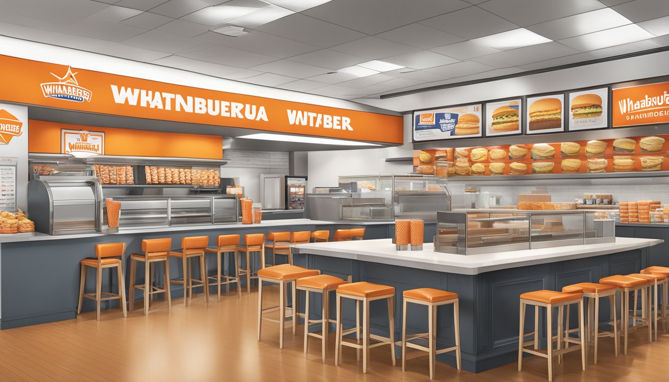 A bustling Whataburger restaurant in San Antonio, with branded merchandise on display and various brand partnership logos visible