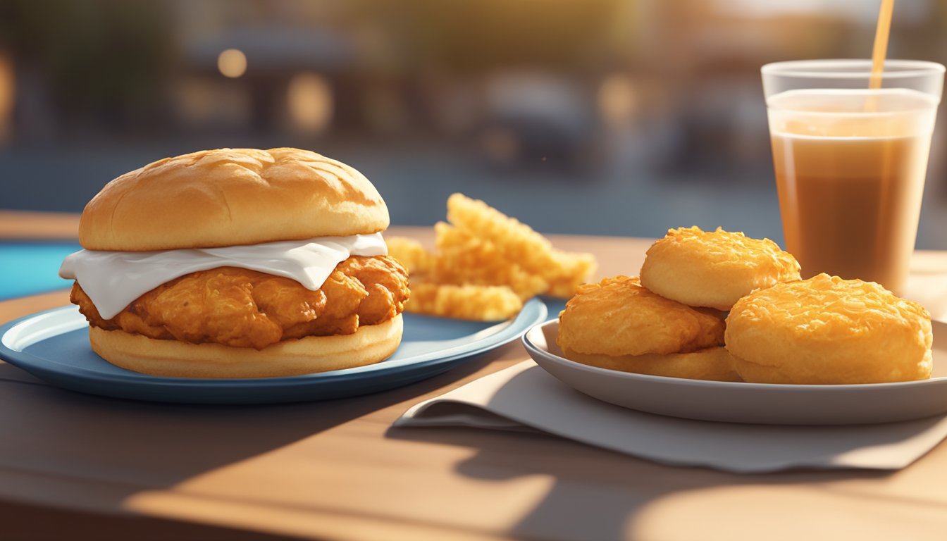 A honey butter chicken biscuit from Whataburger, with a side of hash browns and a cup of coffee, sits on a wooden table in the morning sunlight