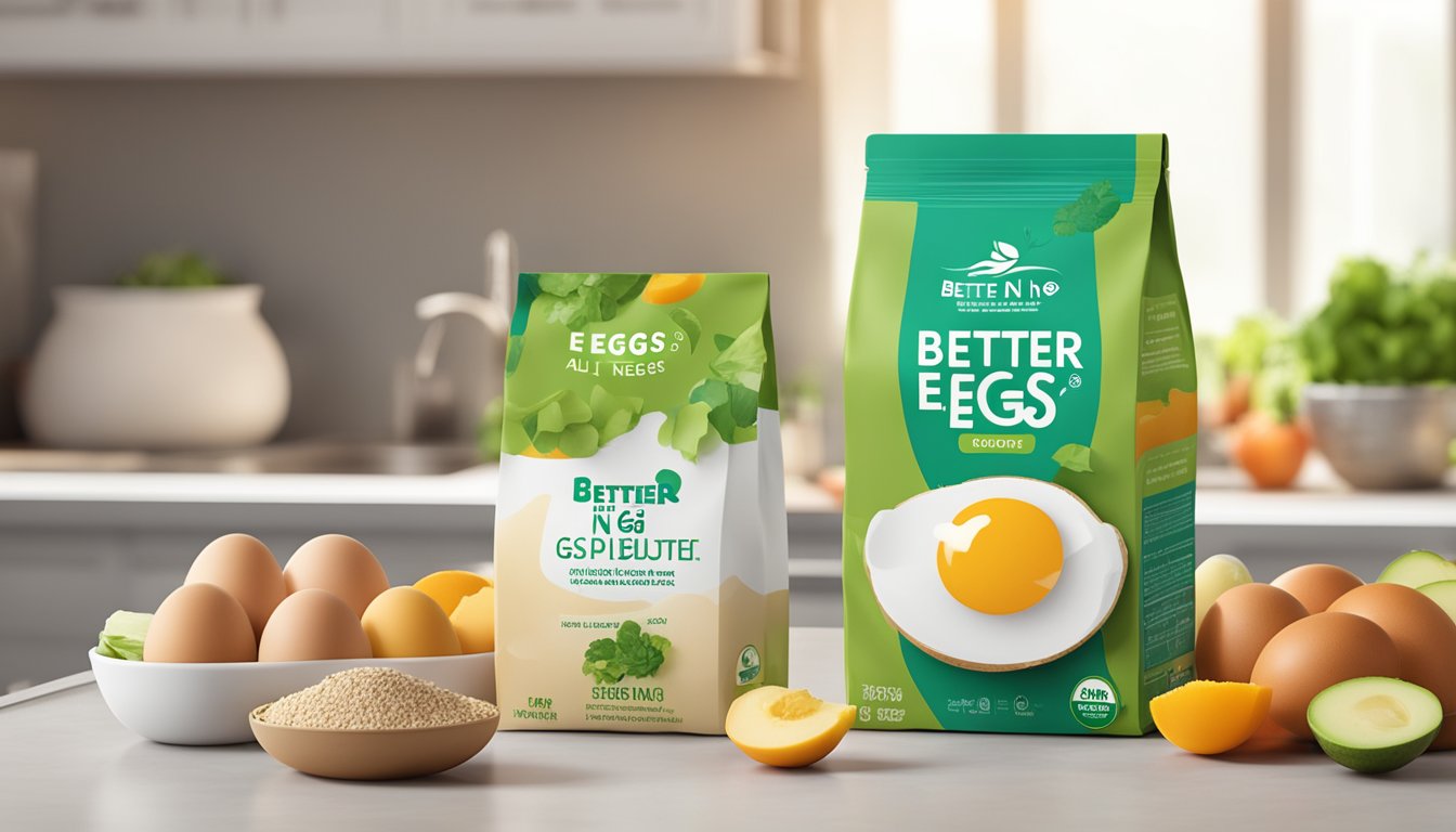 A carton of Better'n Eggs All Natural Egg Substitute sits on a clean, modern kitchen counter, surrounded by fresh fruits and vegetables