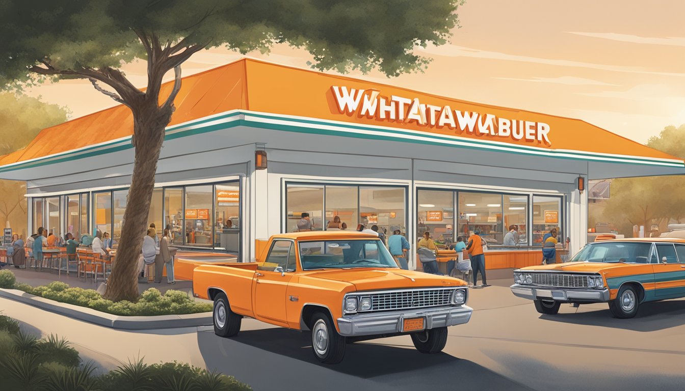 A bustling Whataburger restaurant in San Antonio, with a line of customers out the door and cars in the drive-thru, while satisfied diners enjoy their meals at outdoor tables