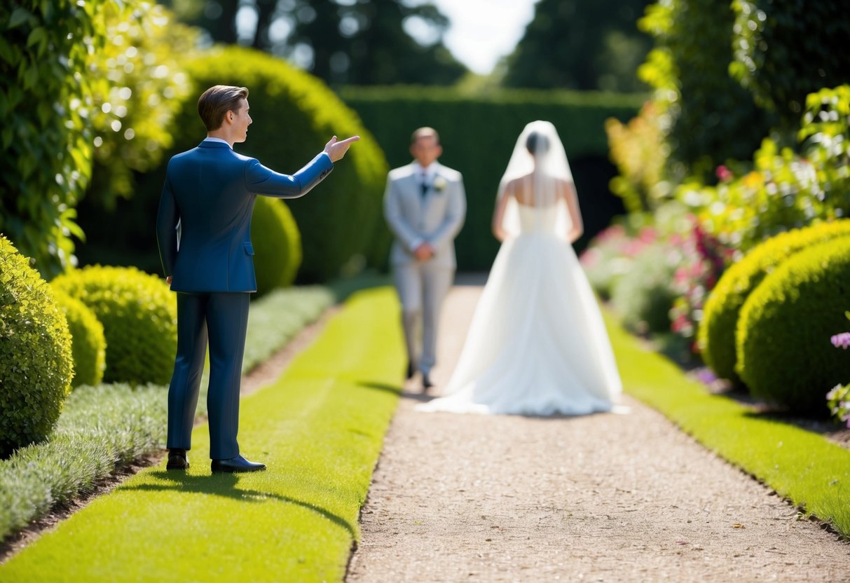 A figure stands at the edge of a lush garden path, gesturing towards a bride in the distance. The bride walks towards a figure at the end of the path