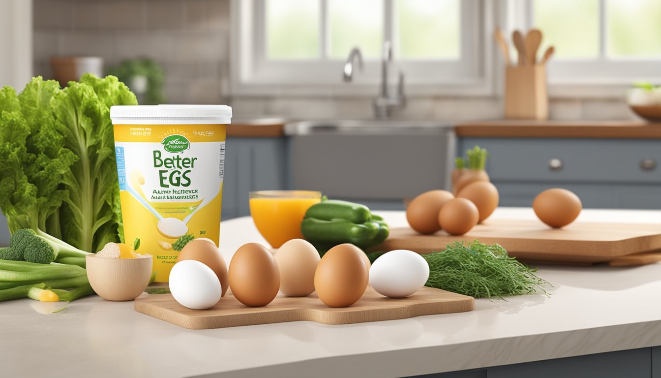 A carton of Better'n Eggs All Natural Egg Substitute sits on a kitchen counter, surrounded by fresh vegetables and a measuring cup