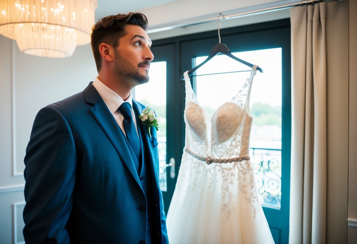 The groom's eyes widen as he sees the bride's dress hanging in the soft light of the dressing room
