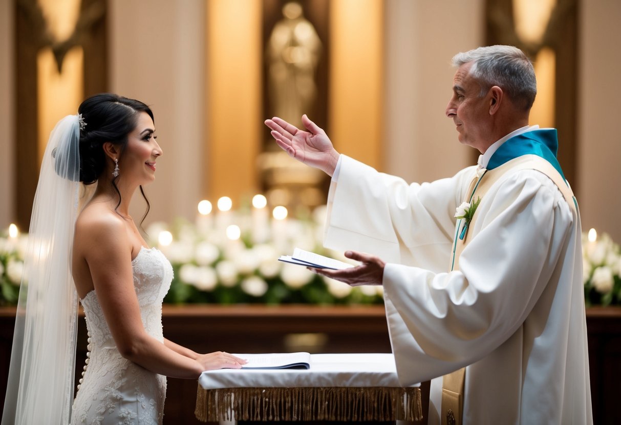 A figure stands at the altar, reaching out to the bride with a gesture of offering or guidance. The bride stands opposite, ready to accept or be led