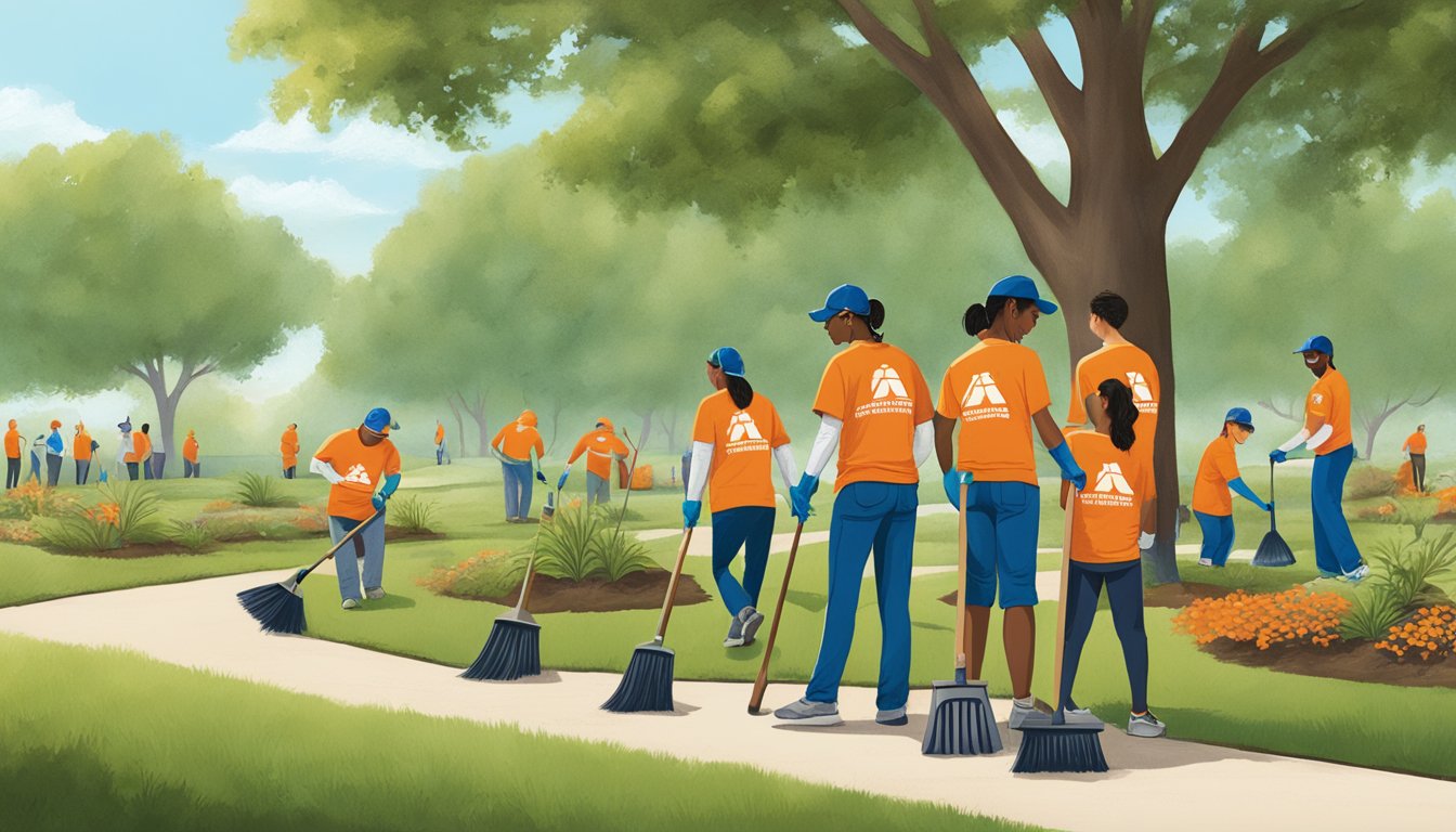 A group of volunteers from Whataburger in San Antonio cleaning up a local park and planting trees as part of their community involvement and corporate responsibility efforts