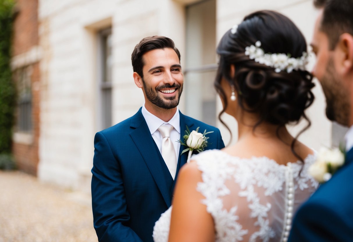 The groom catches a glimpse of the bride's dress, causing a smile to spread across his face
