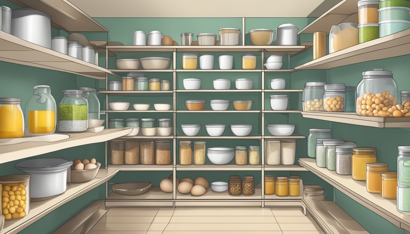 A kitchen pantry with neatly organized shelves stocked with Better'n Eggs All Natural Egg Substitute