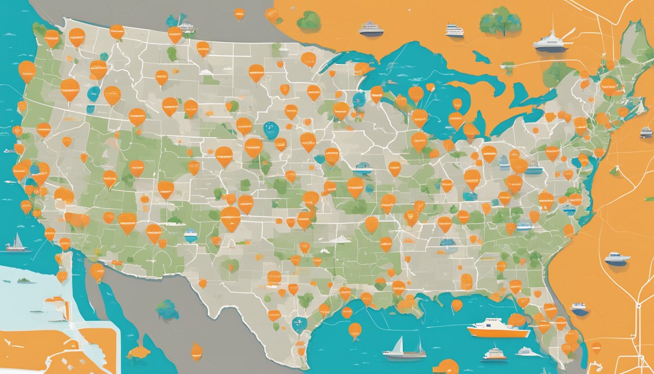 A map of the United States with multiple pinpoints representing current Whataburger locations and expansion plans