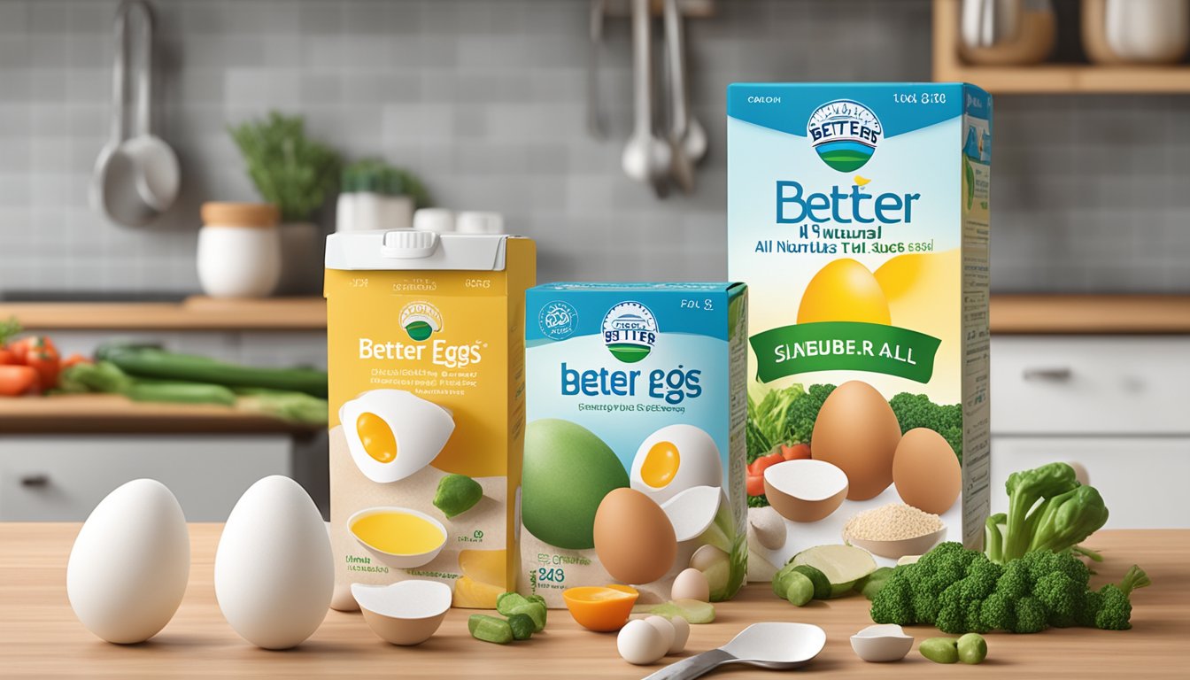 A carton of Better'n Eggs All Natural Egg Substitute sits on a kitchen counter, surrounded by fresh vegetables and a measuring cup