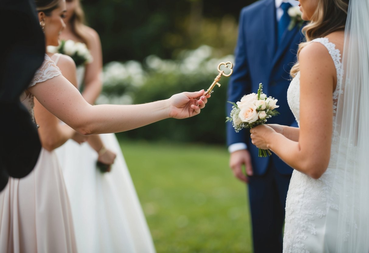A figure holding out a symbolic object, such as a key or a flower, towards a waiting bride