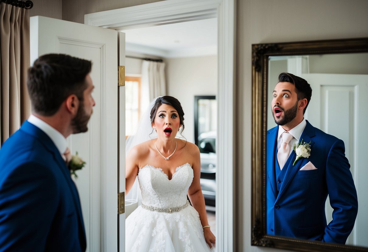 A groom catches a glimpse of the bride's dress through a partially open door, his surprised expression reflected in a nearby mirror