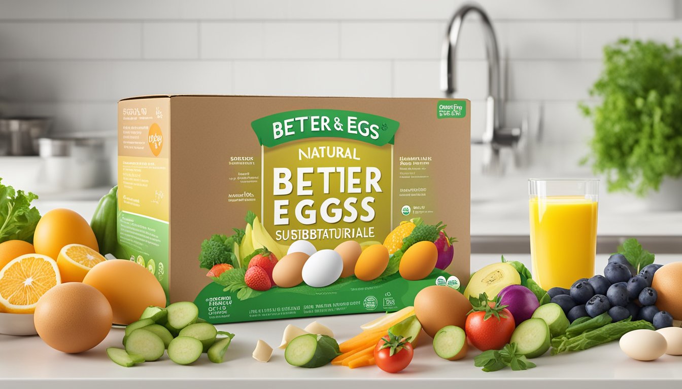 A carton of Better'n Eggs All Natural Egg Substitute sits unopened on a kitchen counter, surrounded by fresh vegetables and a variety of colorful fruits