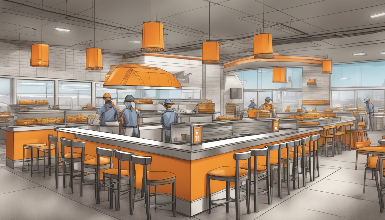 A bustling Whataburger restaurant surrounded by construction equipment and workers, with plans and blueprints laid out on a table