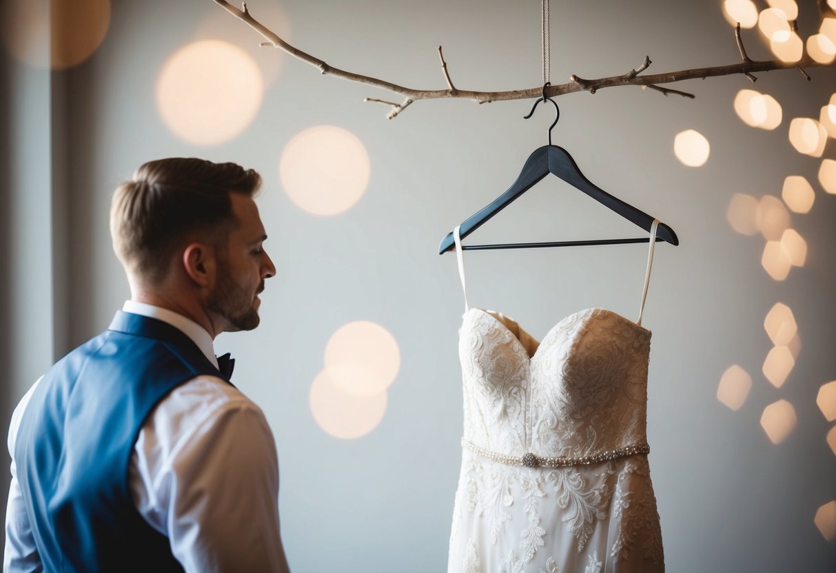 The groom catches a glimpse of the bride's dress hanging on a hanger, bathed in soft, ethereal light