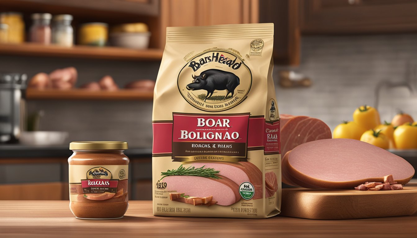 A package of Boar's Head Bologna sits on a kitchen counter, surrounded by other deli meats, a refrigerator in the background