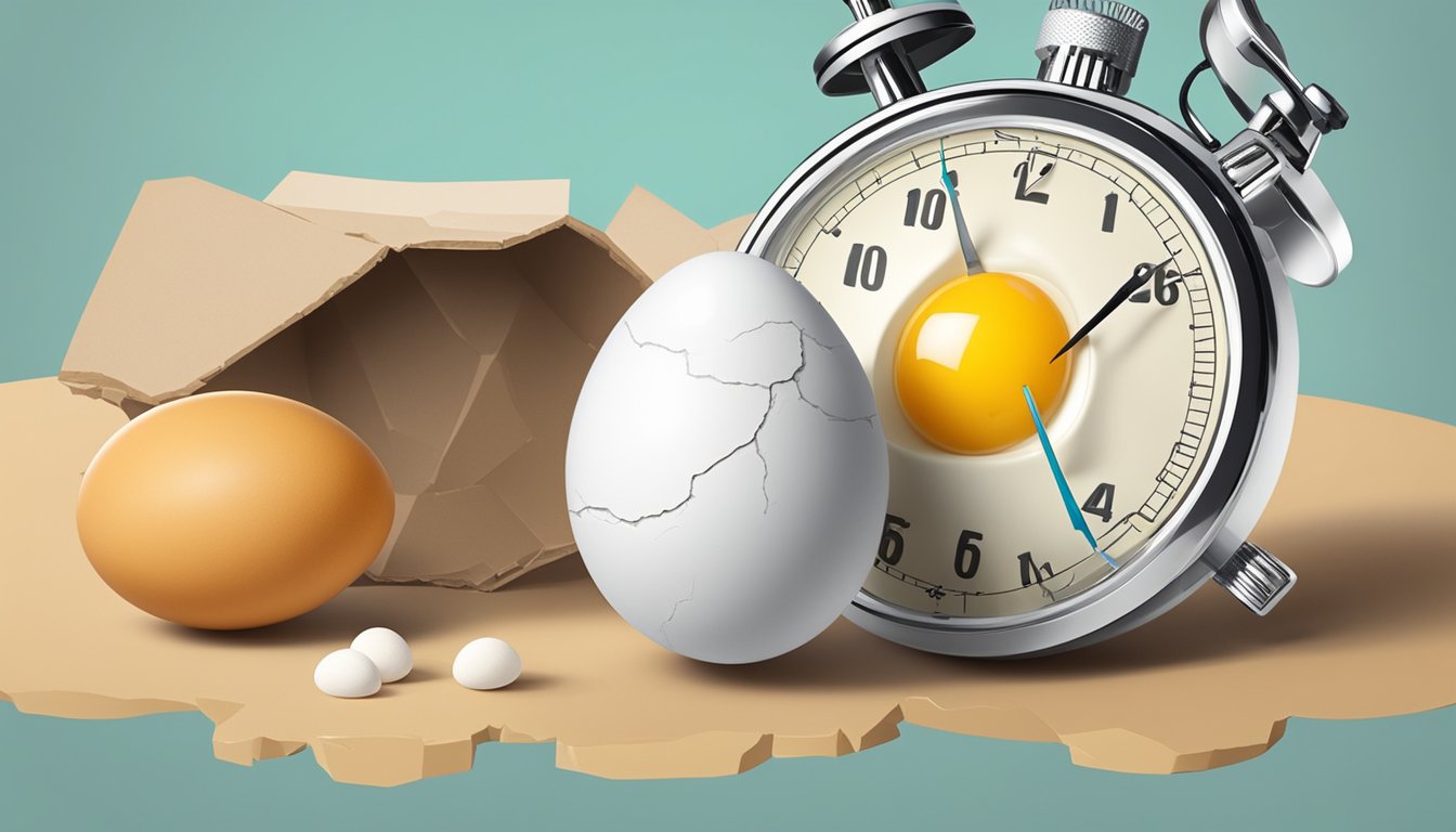 A carton of Better'n Eggs All Natural Egg Substitute next to a cracked egg with a stopwatch showing the passage of time