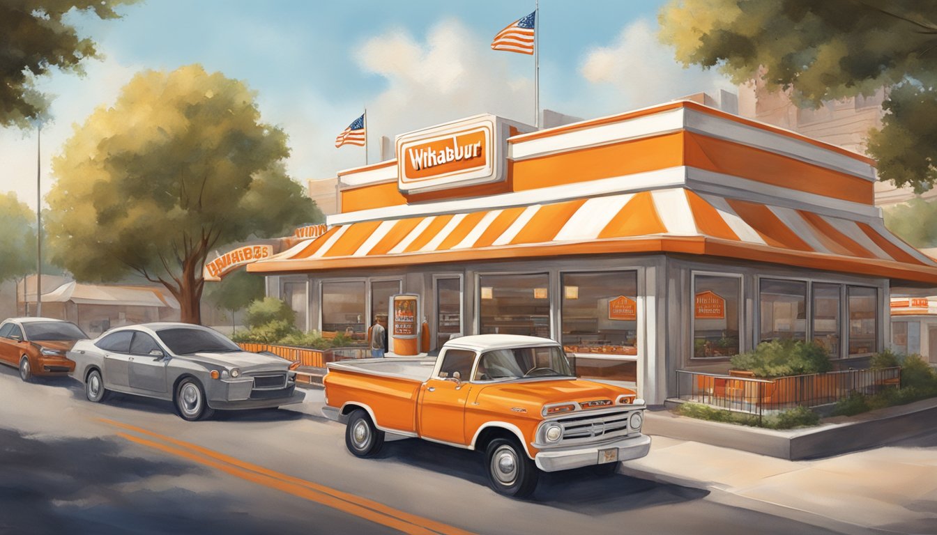 The iconic orange and white striped Whataburger restaurant stands proudly in San Antonio, Texas, surrounded by bustling city streets and a warm, inviting atmosphere